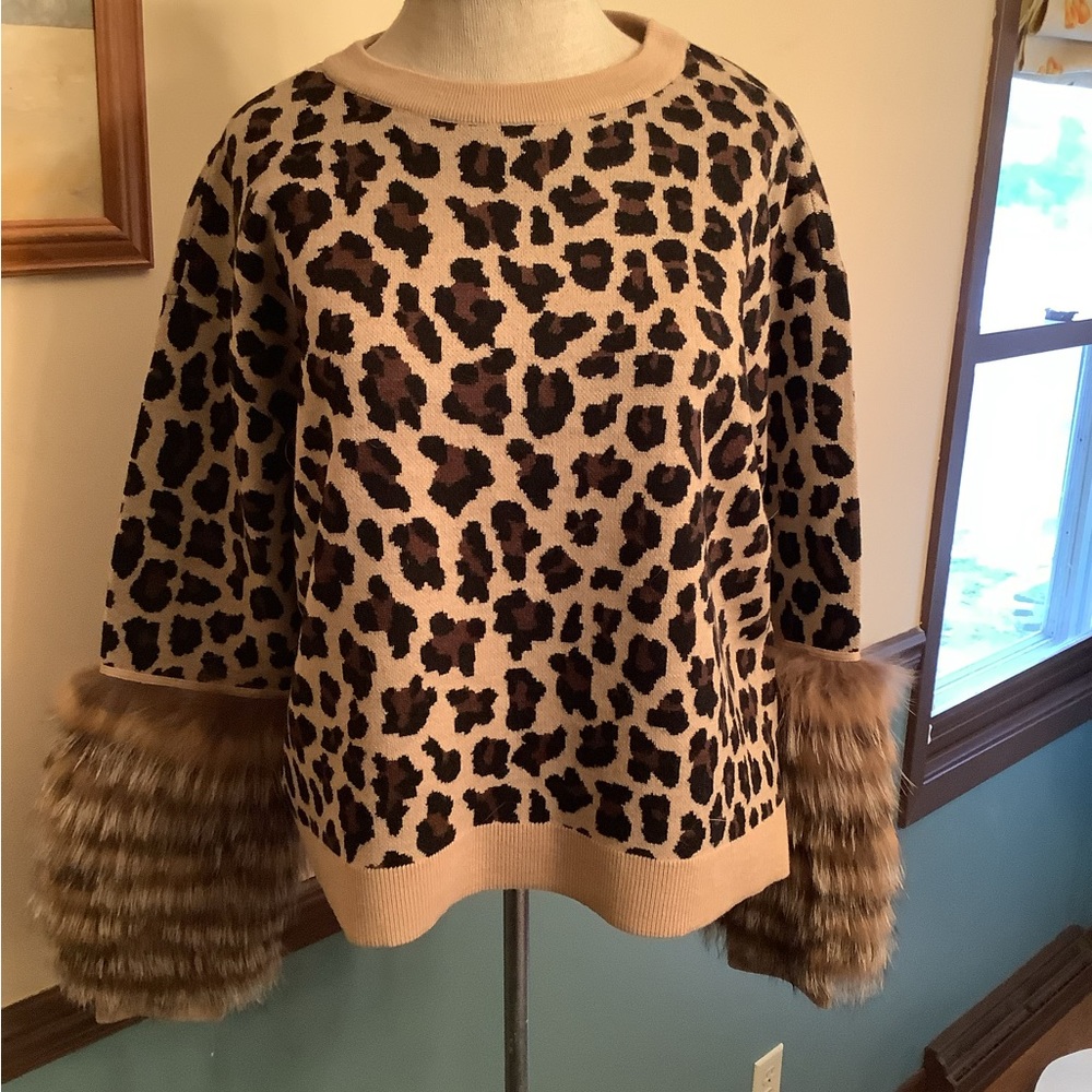 Alice+Olivia Wool Fur Trim Leopard Print Short Sweater Small